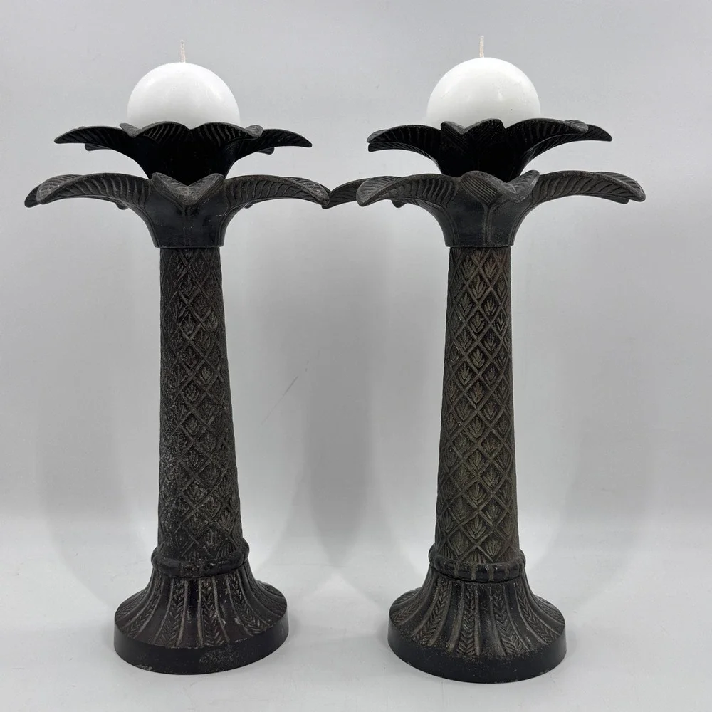 Vintage Iron Palm Tree Candle Holders Pair 15